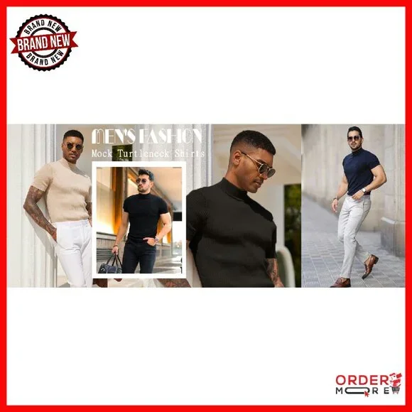 Men's Mock Turtleneck Sweater Short Sleeve Ribbed Knit Pullover
